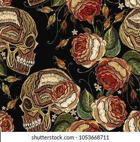 Embroidery skull and roses flowers seamless pattern. Fashion template for clothes, textiles, t-shirt design. Gothic romantic embroidery human skulls red roses and peonies pattern