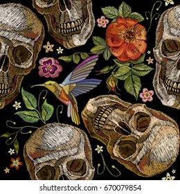 Embroidery skull and roses, humming bird and flowers seamless pattern. Dia de muertos art, day of the dead. Gothic embroidery human skulls and red roses, clothes template and t-shirt design 