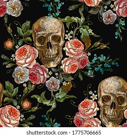 Embroidery skull and roses seamless pattern. Gothic romanntic art. Dark fairy tale clothes template and t-shirt design 