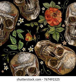 Embroidery skull and roses seamless pattern. Gothic romanntic embroidery human skulls red roses and pink peonies pattern, clothes template and t-shirt design. Dia de muertos, day of the dead art 