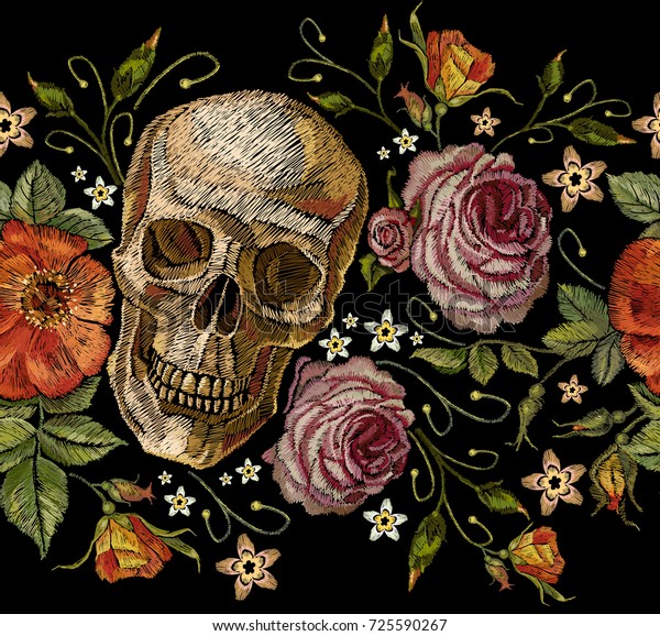 Embroidery Skull Roses Seamless Pattern Dia Stock Vector (Royalty Free ...