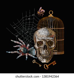 Embroidery skull, spider, gold cage, vintage key and bumblebee. Gothic art. Medieval halloween background. Horror art clothes template and t-shirt design 