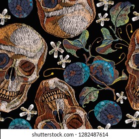 Embroidery skulls and grapes. Dia de muertos art, day of the dead seamless pattern. Gothic art embroidery clothes template and t-shirt design 