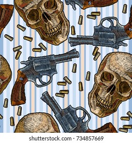 Embroidery skulls and guns seamless pattern, blue stripes. Wild west embroidery old revolvers and human skulls, gangster gothic background 