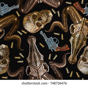 Embroidery skulls and guns seamless pattern. Wild west embroidery old revolvers and human skulls, bull skull, gangster gothic western clothes background 