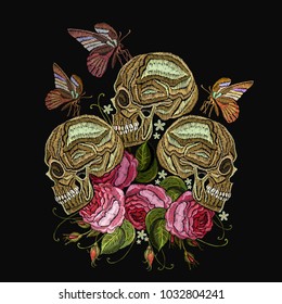 Embroidery skulls, roses flowers and butterfly. Gothic romantic embroidery human skulls and red roses. Fashion template for clothes, textiles, t-shirt design