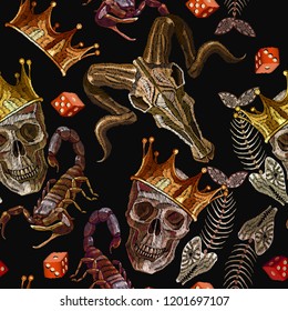 Embroidery skulls, scorpion and bull head seamless pattern. Gothic medieval art template clothes, t-shirt design, print 