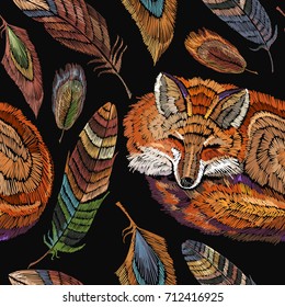 Embroidery sleeping fox and color feathers seamless pattern. Classical embroidery seamless background. Red fox sleeping in beautiful feathers. Fashionable template for design of clothes 