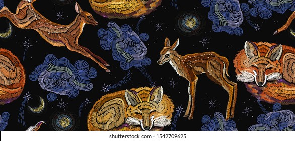 Embroidery sleeping fox, deer and night sky, horizontal seamless pattern. Good night art. Fashionable template for design of clothes 