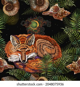 Embroidery sleeping fox and fern, seamless pattern. Magic night forest. Fashionable template for design of clothes. Fairy tale art 