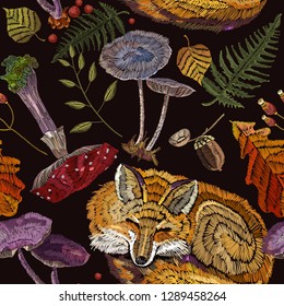 Embroidery sleeping fox and mushrooms, fall forest art seamless pattern. Fashionable template for design of clothes, t-shirt design 