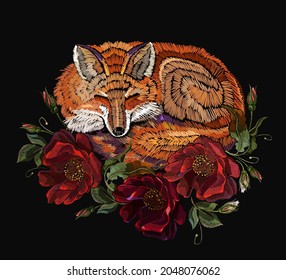 Embroidery. Sleeping fox and red roses flowers. Magic animals art. Fashion template for clothes, t-shirt design 