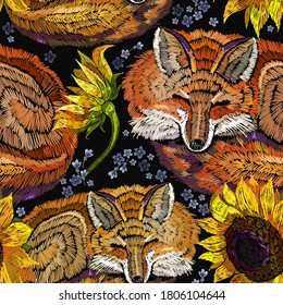 Embroidery sleeping fox and sunflowers flowers seamless pattern. Fashionable autumn template for design of clothes 