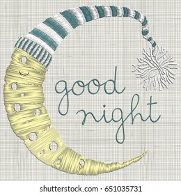 Embroidery Sleeping Moon in a striped hat. Vector Embroidery home decor, ornament for textile,  fashion, fabric pattern. Linen cloth texture.  Colorful tradition folk decoration.