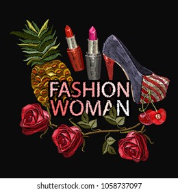Embroidery, slogan cool girl. Women's shoes, cherry, fashionable background, art style. Fashion template for clothes, textiles, t-shirt design