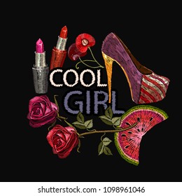 Embroidery, slogan cool girl. Women's shoes, fashionable background, art style. Fashion template for clothes, textiles, t-shirt design