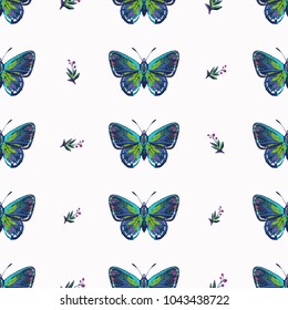 Embroidery small berry branch and small blue butterfly patch. Fashion patches with summer wild nature illustration embroideries. Seamless pattern backdrop. Trendy traditional art on white background.