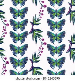 Embroidery small berry branch and small blue butterfly patch. Fashion patches with summer wild nature illustration embroideries. Seamless pattern backdrop. Trendy traditional art on white background.