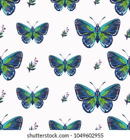 Embroidery small berry branch and small blue butterfly patch. Fashion patches with summer wild nature illustration embroideries. Seamless pattern backdrop. Trendy traditional art on white background.