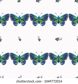 Embroidery small berry branch and small blue butterfly patch. Fashion patches with summer wild nature illustration embroideries. Seamless pattern backdrop. Trendy traditional art on white background.