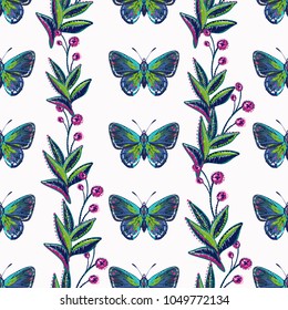 Embroidery small berry branch and small blue butterfly patch. Fashion patches with summer wild nature illustration embroideries. Seamless pattern backdrop. Trendy traditional art on white background.