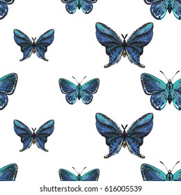 Embroidery small blue butterflies. Fashion patch with insects illustration. Seamless pattern backdrop. Trendy traditional art on white background.