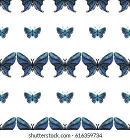 Embroidery small blue butterflies. Fashion patch with insects illustration. Seamless pattern backdrop. Trendy traditional art on white background.