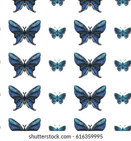Embroidery small blue butterflies. Fashion patch with insects illustration. Seamless pattern backdrop. Trendy traditional art on white background.