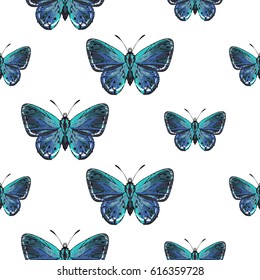 Embroidery small blue butterfly. Fashion patch with insects illustration. Seamless pattern backdrop. Trendy traditional art on white background.