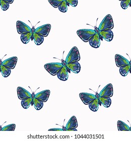 Embroidery small blue butterfly. Insect patch. Fashion patches with summer wild nature illustration embroideries. Seamless pattern backdrop. Trendy traditional art with insects on white background.