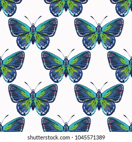 Embroidery small blue butterfly. Insect patch. Fashion patches with summer wild nature illustration embroideries. Seamless pattern backdrop. Trendy traditional art with insects on white background.
