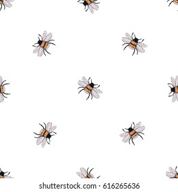 Embroidery small funny bee. Fashion patch with insects illustration. Seamless pattern backdrop. Trendy traditional art on white background.