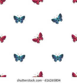 Embroidery small red and blue butterflies. Fashion patch with insects illustration. Seamless pattern backdrop. Trendy traditional art on white background.