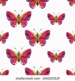 Embroidery small red butterfly patch. Fashion patches with summer wild nature illustration embroideries. Seamless pattern backdrop. Trendy traditional art on white background.