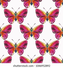 Embroidery small red butterfly patch. Fashion patches with summer wild nature illustration embroideries. Seamless pattern backdrop. Trendy traditional art on white background.