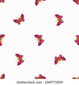 Embroidery small red butterfly patch. Fashion patches with summer wild nature illustration embroideries. Seamless pattern backdrop. Trendy traditional art on white background.