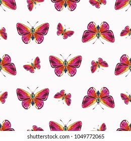 Embroidery small red butterfly patch. Fashion patches with summer wild nature illustration embroideries. Seamless pattern backdrop. Trendy traditional art on white background.