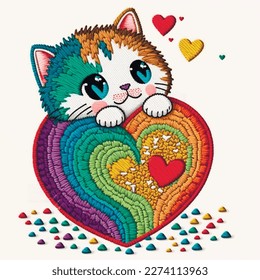 Embroidery smiling happy kitten with colorful love hearts. Tapestry vector background illustration with beautiful cute little cat and bright ornamental love hearts. Embroidered grunge texture.
