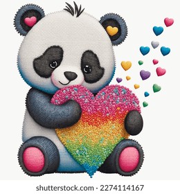 Embroidery smiling happy panda with colorful love hearts. Tapestry vector background illustration with black and white sitting cute panda and glittery bright love hearts. Embroidered grunge texture.