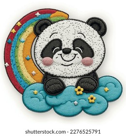 Bordados sonriendo feliz panda en las nubes. Ilustración de fondo vectorial de tapicería con panda dulce adorable durmiendo, arcoiris colorido, nubes. Textura de coser de superficie borrosa.