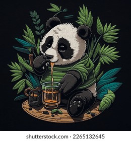 Embroidery smiling happy panda who eats honey with appetite. Colorful tapestry vector background illustration wit black and white sitting panda and  green bamboo, plants, leaves. Embroidered texture.