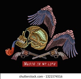 Embroidery smocking pipe, steering wheel, skull pirate and angel wings. Music art template for clothes, textiles, t-shirt design 