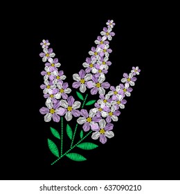 Embroidery is smooth. Embroidery with lilac flowers. Vector illustration on a black background.