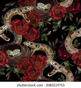 Embroidery snake, bird nest and red roses flowers. Dark gothic halloween seamless pattern. Medieval fairy tale art. Fashion clothes template and t-shirt design