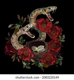 Embroidery snake, bird nest and red roses flowers. Dark gothic halloween style. Medieval fairy tale art. Fashion clothes template and t-shirt design 