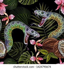 Embroidery snake, coconut and tropical orchid flowers seamless pattern. Summer jungle art. Fashion template for clothes, textiles, t-shirt design 