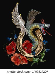 Embroidery snake with wings and gold horseshoe. Red poppies. Renaissance style. Gothic template for clothes, textiles, t-shirt design 