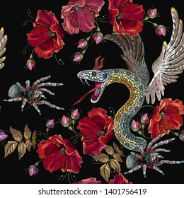 Embroidery snake with wings, spider and roses seamless pattern. Gothic template for clothes, textiles, t-shirt design. Medieval horror style 