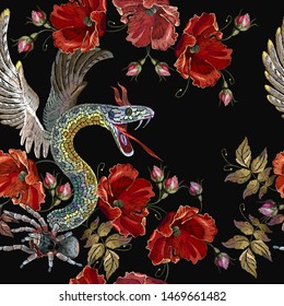 Embroidery snake with wings, spider and roses gothic seamless pattern. Horror template for clothes, textiles, t-shirt design. Medieval horror style 