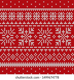 Embroidery of snowflakes and lines vector. Decoration seamless patterns, red and white stitches. Embroidered square, abstract style. Print for clothes or sweaters, material with ornaments illustration
